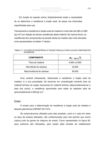 PROPRIEDADES DA MADEIRA
Departamento de Engenharia e Tecnologia Florestal da UFPR
Prof. João Carlos Moreschi

139

Em função do exposto acima, freqüentemente existe a necessidade
de se determinar a resistência à tração axial, de peças nas dimensões
especificadas para uso.
Teoricamente a resistência à tração axial da madeira é muito alta (de 280 a 2.800
kg/ cm2) em relação às demais resistências deste material. Da mesma forma, as
resistências dos componentes da parede celular da madeira são muito elevadas,
como apresentadas na tabela 17 abaixo:

TABELA 17. VALORES DE RESISTÊNCIA À TRAÇÃO PARALELA PARA ALGUNS COMPONENTES
DA MADEIRA.
2
(kg/ cm )

COMPONENTE

σt//

Fibra de madeira

4.900 a 6.900

Microfibrila de celulose

20.000

Macromolécula de celulose

80.000

Uma variável interessante, relacionada a resistência a tração axial da
madeira, é a sua porosidade: Se levarmos em consideração somente área do
material lenhoso da seção transversal do material lenhoso (desconsiderando-se a
área dos poros), a resistência aproximada para todas as espécies será de
aproximadamente 4.900 kg/ cm2.

Ensaio:
O ensaio para a determinação da resistência à tração axial da madeira é
descrito pela Norma COPANT 30:1-015.
Os corpos-de-prova utilizados para este propósito, como é o caso em todos
os tipos de ensaios efetuados, são confeccionados para não permitir que ocorra
ruptura junto às garras da máquina de ensaio. Como representado na figura 65,
seus extremos são reforçados, para resistir altas tensões de cisalhamento

 