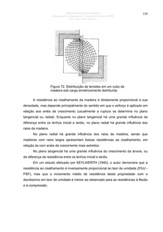 PROPRIEDADES DA MADEIRA
Departamento de Engenharia e Tecnologia Florestal da UFPR
Prof. João Carlos Moreschi

150

Figura 72. Distribuição de tensões em um cubo de
madeira sob carga simetricamente distribuída.
A resistência ao cisalhamento da madeira é diretamente proporcional à sua
densidade, mas depende principalmente do sentido em que o esforço é aplicado em
relação aos anéis de crescimento (usualmente a ruptura se determina no plano
tangencial ou radial). Enquanto no plano tangencial há uma grande influência da
diferença entre os lenhos inicial e tardio, no plano radial há grande influência dos
raios da madeira.
No plano radial há grande influência dos raios da madeira, sendo que
madeiras com raios largos apresentam baixas resistências ao cisalhamento, em
relação às com anéis de crescimento mais estreitos.
No plano tangencial há uma grande influência do crescimento da árvore, ou
da diferença de resistência entre os lenhos inicial e tardio.
Em um estudo efetuado por KEYLWERTH (1945), o autor demonstra que a
resistência ao cisalhamento é inversamente proporcional ao teor de umidade (0%U PSF), mas que o incremento médio de resistência desta propriedade com o
decréscimo em teor de umidade é menor ao observado para as resistências à flexão
e à compressão.

 