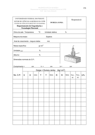 PROPRIEDADES DA MADEIRA
Departamento de Engenharia e Tecnologia Florestal da UFPR
Prof. João Carlos Moreschi

UNIVERSIDADE FEDERAL DO PARANÁ

156

Responsável:

SETOR DE CIÊNCIAS AGRÁRIAS DA UFPR

DUREZA JANKA

CENTRO DE CIÊNCIAS FLORESTAIS E DA MADEIRA

Departamento de Engenharia e
Tecnologia Florestal
o

Clima da sala: Temperatura

C

Umidade relativa

Máquina de ensaio:

%

Espécie:

Anel de crescimento – largura média:

mm

Massa específica:

g/ cm3

Umidade teste:

%

Alburno:

%

Dimensões nominais do C.P.:

Comprimento =

cm

h =

cm

b=

(kg/ cm2)

Carga = Dureza Janka
No. C.P.

X

X

média

T

T

Média

cm

R

R

Média

Peso t

Peso0

(g)

(g)

U%

 