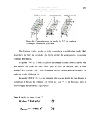 PROPRIEDADES DA MADEIRA
Departamento de Engenharia e Tecnologia Florestal da UFPR
Prof. João Carlos Moreschi

159

Figura 74. Possíveis casos de torção de C.P. de madeira
com seção transversal quadrada.

O módulo de rigidez, tensão no limite proporcional e resistência à torção (σtb)
dependem do teor de umidade, de forma similar às propriedades mecânicas
estáticas da madeira.
Segundo TRAYER (1930), os valores calculados usando a fórmula acima não
têm sentido no ponto de vista físico, pois só são de utilidade para a área
arquitetônica, uma vez que o maior interesse está na relação entre o momento da
ruptura e o valor cúbico de "a".
Segundo HÖRIG (1944), é de especial interesse no ponto de vista técnico a
resistência à torção da madeira em torno do eixo Y, e as fórmulas para a
determinação da resistência `ruptura são:

Caso 1: torção em torno do eixo Z

(σzx)max. = 3,52 Mz/ a3

75

(σzy)max. = 11,04Mz/ a3

76

 