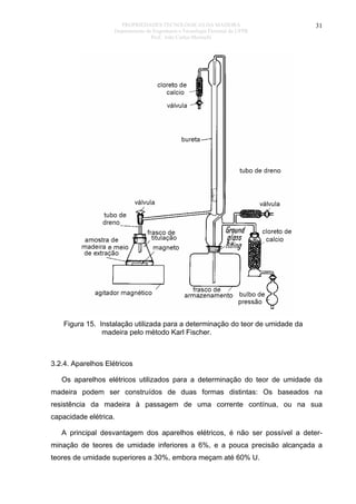 PROPRIEDADES TECNOLÓGICAS DA MADEIRA
Departamento de Engenharia e Tecnologia Florestal da UFPR
Prof. João Carlos Moreschi

31

Figura 15. Instalação utilizada para a determinação do teor de umidade da
madeira pelo método Karl Fischer.

3.2.4. Aparelhos Elétricos
Os aparelhos elétricos utilizados para a determinação do teor de umidade da
madeira podem ser construídos de duas formas distintas: Os baseados na
resistência da madeira à passagem de uma corrente contínua, ou na sua
capacidade elétrica.
A principal desvantagem dos aparelhos elétricos, é não ser possível a determinação de teores de umidade inferiores a 6%, e a pouca precisão alcançada a
teores de umidade superiores a 30%, embora meçam até 60% U.

 