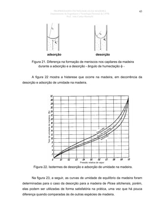 PROPRIEDADES TECNOLÓGICAS DA MADEIRA
Departamento de Engenharia e Tecnologia Florestal da UFPR
Prof. João Carlos Moreschi

adsorção

43

desorção

Figura 21. Diferença na formação de meniscos nos capilares da madeira
durante a adsorção e a desorção - ângulo de humectação φ A figura 22 mostra a histerese que ocorre na madeira, em decorrência da
desorção e adsorção de umidade na madeira.

Figura 22. Isotermes de desorção e adsorção de umidade na madeira.
Na figura 23, a seguir, as curvas de umidade de equilíbrio da madeira foram
determinadas para o caso da desorção para a madeira de Picea sitchensis, porém,
elas podem ser utilizadas de forma satisfatória na prática, uma vez que há pouca
diferença quando comparadas às de outras espécies de madeira.

 