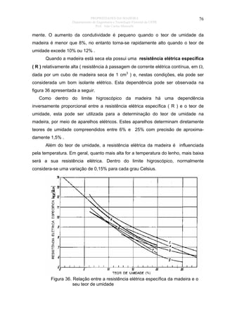 PROPRIEDADES DA MADEIRA
Departamento de Engenharia e Tecnologia Florestal da UFPR
Prof. João Carlos Moreschi

76

mente. O aumento da condutividade é pequeno quando o teor de umidade da
madeira é menor que 8%, no entanto torna-se rapidamente alto quando o teor de
umidade excede 10% ou 12% .
Quando a madeira está seca ela possui uma resistência elétrica específica
( R ) relativamente alta ( resistência à passagem de corrente elétrica contínua, em Ω,
dada por um cubo de madeira seca de 1 cm3 ) e, nestas condições, ela pode ser
considerada um bom isolante elétrico. Esta dependência pode ser observada na
figura 36 apresentada a seguir.
Como dentro do limite higroscópico da madeira há uma dependência
inversamente proporcional entre a resistência elétrica específica ( R ) e o teor de
umidade, esta pode ser utilizada para a determinação do teor de umidade na
madeira, por meio de aparelhos elétricos. Estes aparelhos determinam diretamente
teores de umidade compreendidos entre 6% e 25% com precisão de aproximadamente 1,5% .
Além do teor de umidade, a resistência elétrica da madeira é influenciada
pela temperatura. Em geral, quanto mais alta for a temperatura do lenho, mais baixa
será a sua resistência elétrica. Dentro do limite higroscópico, normalmente
considera-se uma variação de 0,15% para cada grau Celsius.

Figura 36. Relação entre a resistência elétrica específica da madeira e o
seu teor de umidade

 