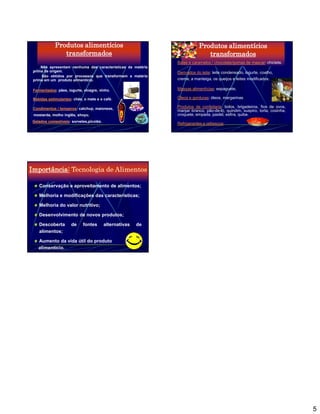Produtos alimentícios                                       Produtos alimentícios
                transformados                                               transformados
                                                             Balas e caramelos / chocolate/gomas de mascar chiclete.
                                                                                            omas    mascar:
     Não apresentam nenhuma das características da matéria
 prima de origem.                                            Derivados do leite: leite condensado, iogurte, coalho,
                                                             creme, a manteiga, os queijos e leites modificados.
     São obtidos por processos que transformam a matéria
 prima em um produto alimentício.

 Fermentados: pães, iogurte, vinagre, vinho.                 Massas alimentícias: espaguete,

 Bebidas estimulantes: chás, o mate e o café.                Óleos e gorduras: óleos, margarinas

                                                             Produtos de confeitaria: bolos, brigadeiros, fios de ovos,
                                                             manjar branco, pão-de-ló, quindim, suspiro, torta, coxinha,
 Condimentos / temperos: catchup, maionese,
 mostarda, molho inglês, shoyu.                              croquete, empada, pastel, esfira, quibe.

                                                             Refrigerantes e refrescos:
Gelados comestíveis: sorvetes,picolés.
        comestíveis:




Importância: Tecnologia de Alimentos

    Conservação e aproveitamento de alimentos;

    Melhoria e modificações das características;

    Melhoria do valor nutritivo;

    Desenvolvimento de novos produtos;

    Descoberta        de    fontes       alternativas   de
    alimentos;

    Aumento da vida útil do produto
    alimentício.




                                                                                                                           5
 