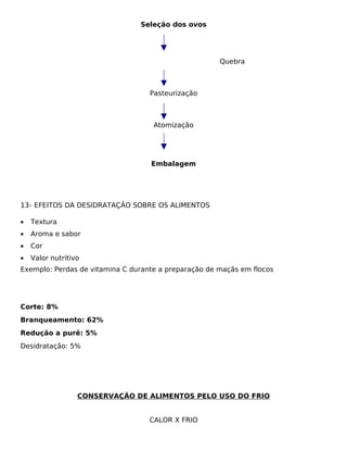 Seleção dos ovos




                                                      Quebra



                                   Pasteurização



                                    Atomização




                                   Embalagem




13- EFEITOS DA DESIDRATAÇÃO SOBRE OS ALIMENTOS

•   Textura
•   Aroma e sabor
•   Cor
•   Valor nutritivo
Exemplo: Perdas de vitamina C durante a preparação de maçãs em flocos




Corte: 8%
Branqueamento: 62%
Redução a purê: 5%
Desidratação: 5%




                  CONSERVAÇÃO DE ALIMENTOS PELO USO DO FRIO


                                   CALOR X FRIO
 
