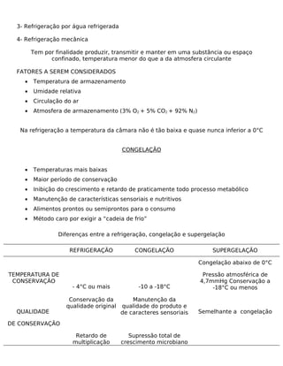 3- Refrigeração por água refrigerada

  4- Refrigeração mecânica

        Tem por finalidade produzir, transmitir e manter em uma substância ou espaço
              confinado, temperatura menor do que a da atmosfera circulante

  FATORES A SEREM CONSIDERADOS
    •   Temperatura de armazenamento
    •   Umidade relativa
    •   Circulação do ar
    •   Atmosfera de armazenamento (3% O2 + 5% CO2 + 92% N2)


   Na refrigeração a temperatura da câmara não é tão baixa e quase nunca inferior a 0°C


                                         CONGELAÇÃO


    •   Temperaturas mais baixas
    •   Maior período de conservação
    •   Inibição do crescimento e retardo de praticamente todo processo metabólico
    •   Manutenção de características sensoriais e nutritivos
    •   Alimentos prontos ou semiprontos para o consumo
    •   Método caro por exigir a “cadeia de frio”

                 Diferenças entre a refrigeração, congelação e supergelação

                     REFRIGERAÇÃO             CONGELAÇÃO                SUPERGELAÇÃO

                                                                    Congelação abaixo de 0°C

TEMPERATURA DE                                                       Pressão atmosférica de
 CONSERVAÇÃO                                                        4,7mmHg Conservação a
                      - 4°C ou mais            -10 a -18°C              -18°C ou menos

                     Conservação da          Manutenção da
                    qualidade original   qualidade do produto e
  QUALIDADE                              de caracteres sensoriais   Semelhante a congelação

DE CONSERVAÇÃO

                       Retardo de           Supressão total de
                      multiplicação      crescimento microbiano
 