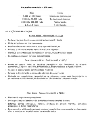 Para o homem é de ~ 500 rads


                           Dose                             Efeito
                    4.000 a 10.000 rads         Inibição de germinação
                   20.000 a 50.000 rads             Destruição de insetos
                  200.000 a 500.000 rads                Pasteurização
                      2,0 a 4,0 Mrads                   E .sterilização


APLICAÇÕES DA IRRADIAÇÃO

                          Baixas doses - Radurização (< 1KGy)

•   Reduz o número de microorganismos (patogênicos) viáveis
•   Efeito semelhante ao branqueamento
•   Previne o brotamento durante a estocagem de hortaliças
•   Retarda o amadurecimento de frutas frescas e vegetais
•   Promove a desinfestação de insetos em cereais, frutas frescas e secas
•   Controla parasitas em carnes e peixes frescos

                      Doses intermediárias - Radiciação (1 a 10KGy)

•   Reduz ou destrói todas as bactérias patogênicas não formadoras de esporos
    (Samonella, Shigella, Neisseria, Streptococcus, Staphylococcus e Mycobacterium)
•   Análogo a pasteurização com finalidade higiênica
•   Retarda a deterioração prolongando o tempo de conservação
•   Melhoria das propriedades tecnológicas de alimentos como uvas (aumentando a
    produção de suco) e hortaliças desidratadas (diminuindo o tempo de cocção)




                        Altas doses - Radapertização (10 a 71KGy)

•   Elimina microrganismos patogênicos
•   Dose aplicada para obtenção de alimentos comercialmente estéreis
•   Esteriliza carnes embaladas, frangos, produtos de origem marinha, alimentos
    preparados e dietas hospitalares
•   Descontamina aditivos alimentares e outros ingredientes como especiarias, temperos,
    chás e substâncias vegetais secas para condimentos
 