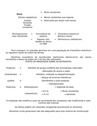 →   Muito resistentes
              Vírus
                Células vegetativas     →   Menos resistentes que esporos
                        Insetos         →   Destruídos por doses mais baixas
                       Parasitas
                        Fungos
                      Leveduras


       Microrganismos         →    Formadores de      →   Clostridium botulinum
       mais resistentes               esporos             Bacillus cereus
                              →      Reparar com      →   Deinococcus radiodurans
                                   rapidez os danos
                                        no DNA


       Para conseguir 12 reduções decimais em uma população de Clostridium botulinum
 se requerem doses da ordem de 48 kGy

       Bactérias causadoras de toxinfecções (Salmonela tiphimurium) são menos
 resistentes e doses da ordem de 3-10 kGy são suficientes
                      EFEITO DA IRRADIAÇÃO SOBRE OS NUTRIENTES


 Proteínas       →         Hidrólise de grupos sulfidrila dos aminoácidos sulfurados
                                         - Alterações de aroma e sabor
Carboidratos     →                  Hidrólise, oxidação ou despolimerização
                                        - Ataque de enzimas hidrolíticas
  Lipídios       →                       Semelhante a auto-oxidação
                                               - Hidroperóxidos
 Vitaminas       →     Hidrossolúveis                  → Depende da dose

                                        →DeK                → Muito resistentes
                        Lipossolúveis    →AeE                     → Sensíveis


 A irradiação não modifica o grau de assimilação dos compostos não modificando o valor
                                  nutritivo dos mesmos

             Os efeitos podem ser reduzidos congelando previamente os alimentos

    Alimentos muito gordurosos não são adequados para este sistema de conservação
 