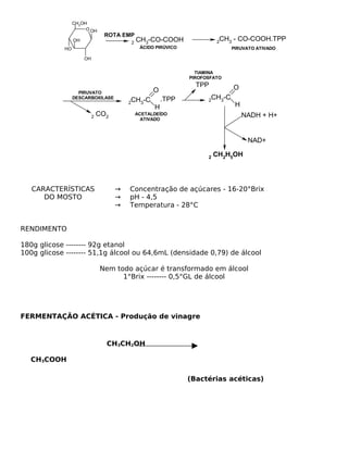 CH2OH
                       O OH
                                  ROTA EMP
                  OH                      2   CH3-CO-COOH                 2CH3 - CO-COOH.TPP
             HO                                ÁCIDO PIRÚVICO                 PIRUVATO ATIVADO

                       OH


                                                                  TIAMINA
                                                                PIROFOSFATO
                                                                  TPP          O
                    PIRUVATO                        O
                                                        .TPP          2CH3-C
                  DESCARBOXILASE
                                          2CH3-C
                                                    H                          H
                            2   CO2           ACETALDEÍDO                          NADH + H+
                                                ATIVADO



                                                                                    NAD+

                                                                      2   CH2H5OH




   CARACTERÍSTICAS                    →   Concentração de açúcares - 16-20°Brix
      DO MOSTO                        →   pH - 4,5
                                      →   Temperatura - 28°C


RENDIMENTO

180g glicose -------- 92g etanol
100g glicose -------- 51,1g álcool ou 64,6mL (densidade 0,79) de álcool

                                Nem todo açúcar é transformado em álcool
                                      1°Brix -------- 0,5°GL de álcool




FERMENTAÇÃO ACÉTICA - Produção de vinagre



                                  CH3CH2OH

   CH3COOH

                                                                (Bactérias acéticas)
 