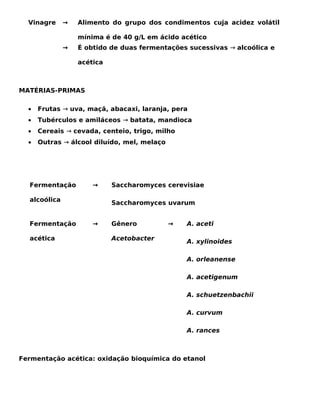 Vinagre     →   Alimento do grupo dos condimentos cuja acidez volátil

                  mínima é de 40 g/L em ácido acético
              →   É obtido de duas fermentações sucessivas → alcoólica e

                  acética



MATÉRIAS-PRIMAS

  •   Frutas → uva, maçã, abacaxi, laranja, pera
  •   Tubérculos e amiláceos → batata, mandioca
  •   Cereais → cevada, centeio, trigo, milho
  •   Outras → álcool diluído, mel, melaço




  Fermentação         →     Saccharomyces cerevisiae

  alcoólica                 Saccharomyces uvarum


  Fermentação         →     Gênero           →   A. aceti

  acética                   Acetobacter          A. xylinoides

                                                 A. orleanense

                                                 A. acetigenum

                                                 A. schuetzenbachii

                                                 A. curvum

                                                 A. rances



Fermentação acética: oxidação bioquímica do etanol
 