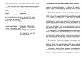 do ozônio ainda é limitado ao pouco conhecimento que existe de suas formas de aplicação   C. PROCESSAMENTO COM CAMPOS DE PULSO ELÉTRICO DE ALTA INTENSIDADE
mais eficazes.

      Carnes, frutas vegetais, raízes, cereais são diversos alimentos que podem se              O campo elétrico é aplicado a alimentos fluidos na forma de pulsos curtos com

beneficiar de sua aplicação, porém cada um deles apresentará uma resposta diferente à     duração entre microsegundos e milisegundos.         O alimento pode ser processado à
                                                                                          temperatura ambiente ou mesmo refrigerado. No tratamento de alimentos por campos
exposição. A Tabela a seguir ilustra vantagens e desvantagens do uso do ozônio em
                                                                                          elétricos pulsados o tempo de processo é curto e a energia gasta no aquecimento do
alimentos.
                                                                                          produto é mínima.

                                                                                                A preservação do alimento requer a inativação dos microrganismos patogênicos e
Tabela 2 Vantagens e desvantagens do uso do ozônio

Vantagens                               Desvantagens                                      deterioradores, além das enzimas responsáveis pelas reações indesejáveis no alimento. Os
Retarda o crescimento de mofos e Como forte agente oxidante, mesmo em                     campos elétricos de pulsos de alta intensidade podem inativa microrganismos e enzimas.
bactérias, em pequenas concentrações concentração menor que 3ppm, produz                  Contudo, a tecnologia está baseada num conceito denominado potencial transmembrana,
(3ppm), em temperatura de refrigeração rancidez da manteiga, creme, ovos em               que quando alcança um valor crítico, provoca a formação de poros nas membranas
                                        pó, bacon, embutidos e outros produtos            celulares, aumentando a permeabilidade celular e provocando a morte do microrganismo. A
Em    temperaturas    de  refrigeração, ricos em gordura.
                                                                                          inativação dos microrganismos aumenta com o aumento da força do campo elétrico, com o
conserva a carne, com aplicação diária
                                                                                          número de pulsos, com a duração dos pulsos, com a forma do pulso, temperatura do meio,
de ozônio a 2,5 a 3 ppm, durante 2 É tóxico para o homem.
                                                                                          maturidade das bactérias e força iônica do meio. Apesar das células vegetativas das
horas
                                   A ação bacteriostática ou bactericida do               bactérias serem inativadas por pulsos elétricos, esporos são bem mais resistentes, sendo
É      potente     bactericida     dos ozônio diminui bastante quando os                  sensíveis somente após a germinação. Os pulsos elétricos não induzem à germinação e,
microrganismos do ar e da água         microrganismos se acham ligados à                  desta forma, não inativa os esporos. Porém, se a germinação dos esporos for induzida por
                                        matéria orgânica ou a meios complexos.            outros métodos (como adição de lisozimas), os pulsos elétricos podem ser utilizados para
A atividade do ozônio se torna maior                                                      eliminar as células vegetativas resultantes.
quanto menor for a temperatura e a Ao contrário dos ácidos orgânicos e do
                                                                                                Os primeiros estudos de eletricidade no processamento de alimentos usaram campos
umidade superficial                     dióxido de carbono, o ozônio é mais
                                                                                          elétricos de corrente contínua ou corrente alternada. Mais tarde, os campos elétricos
                                        atuante sobre as bactérias anaeróbias
                                                                                          pulsantes foram utilizados em áreas da biologia celular e biotecnologia para eletroporação e
                                        ou    facultativas, do   que    sobre
                                                                                          eletrofusão. Eletroporação é a permeabilização de membranas celulares sob influência de
                                        microrganismos aeróbios.
                                                                                          um campo elétrico para manipulação genética ou introdução de materiais estranhos na
                                                                                          célula. Eletrofusão é a fusão de células quando submetidas a um campo elétrico. A
                                                                                          aplicação dos campos elétricos pulsantes na biologia celular esta sendo estendida à
                                                                                          inativação microbiológica com a função de preservação de alimentos.

                                                                                                Na verdade, este tipo de processamento ainda está sob desenvolvimento em escala
                                                                                          laboratorial ou planta piloto, partindo para escalas de produção maiores. O foco desta
                                                                                          tecnologia está na pasteurização de alimentos líquidos de alta acidez, como sucos de fruta.
                                                                                          Neste sentido, sucos de laranja, maçã e tomate já demonstraram qualidade superior ao
                                                                                          tradicional processo térmico. O alimento pode ser processado à temperatura ambiente ou
                                                                                          mesmo congelado.

                                                                                                Com o objetivo de validar esta tecnologia, vários estudos têm sido realizados para
                                                                                          garantir a homogeneidade de temperatura e campo elétrico dentro das câmaras de
                                                                                          processo. Quanto aos aspectos de custo, o processamento por pulso elétrico ainda é
                                                                                          semelhante ao processo térmico tradicional. Porém, acredita-se que com a otimização dos
 