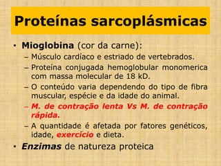 Proteínas sarcoplásmicas
• Mioglobina (cor da carne):
– Músculo cardíaco e estriado de vertebrados.
– Proteína conjugada hemoglobular monomerica
com massa molecular de 18 kD.
– O conteúdo varia dependendo do tipo de fibra
muscular, espécie e da idade do animal.
– M. de contração lenta Vs M. de contração
rápida.
– A quantidade é afetada por fatores genéticos,
idade, exercício e dieta.
• Enzimas de natureza proteica
 