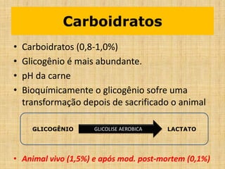 Carboidratos
• Carboidratos (0,8-1,0%)
• Glicogênio é mais abundante.
• pH da carne
• Bioquímicamente o glicogênio sofre uma
transformação depois de sacrificado o animal
• Animal vivo (1,5%) e após mod. post-mortem (0,1%)
GLICOGÊNIO LACTATOGLICOLISE AEROBICA
 