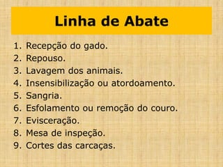 1. Recepção do gado.
2. Repouso.
3. Lavagem dos animais.
4. Insensibilização ou atordoamento.
5. Sangria.
6. Esfolamento ou remoção do couro.
7. Evisceração.
8. Mesa de inspeção.
9. Cortes das carcaças.
Linha de Abate
 