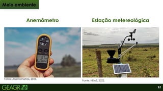 Estação metereológica
Anemômetro
Meio ambiente
12
Fonte: HEroS, 2022.
Fonte: Anemometros, 2017.
 