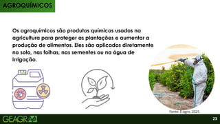 Os agroquímicos são produtos químicos usados na
agricultura para proteger as plantações e aumentar a
produção de alimentos. Eles são aplicados diretamente
no solo, nas folhas, nas sementes ou na água de
irrigação.
AGROQUÍMICOS
Fonte: E-agro, 2025.
23
 