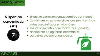 Produtos
Suspensão
concentrada
(SC)
7
Sólidos insolúveis misturados em líquidos inertes;
Combinam as características dos pós molháveis
e dos concentrados emulsionáveis;
Muitos adjuvantes para realizar a suspensão;
Necessitam de agitação cconstante;
Desgastes excessivos nas pontas.
AGROQUÍMICOS
36
 