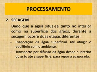 2. SECAGEM
Dado que a água situa-se tanto no interior
como na superfície dos grãos, durante a
secagem ocorre duas etapas diferentes:
– Evaporação da água superficial, até atingir o
equilíbrio com o ambiente.
– Transporte por difusão da água desde o interior
do grão até a superfície, para repor a evaporada.
PROCESSAMENTO
 
