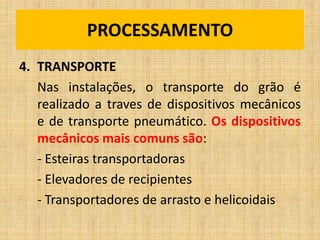 4. TRANSPORTE
Nas instalações, o transporte do grão é
realizado a traves de dispositivos mecânicos
e de transporte pneumático. Os dispositivos
mecânicos mais comuns são:
- Esteiras transportadoras
- Elevadores de recipientes
- Transportadores de arrasto e helicoidais
PROCESSAMENTO
 