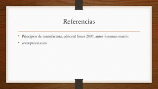 Referencias
• Principios de manufactura, editorial limus 2007, autor lissaman martin
• www.prezzi.com
 