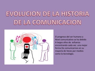 EVOLUCION DE LA HISTORIA DE LA COMUNICACION El progreso del ser humano a Nivel comunicativo se ha debido A largos años de  esfuerzo encontrando cada vez  una mejor forma De comunicarnos en su mayoría de Veces por medios como la tecnología. 