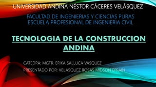 UNIVERSIDAD ANDINA NÉSTOR CÁCERES VELÁSQUEZ
FACULTAD DE INGENIERIAS Y CIENCIAS PURAS
ESCUELA PROFESIONAL DE INGENIERIA CIVIL
TECNOLOGIA DE LA CONSTRUCCION
ANDINA
CATEDRA: MGTR. ERIKA SALLUCA VASQUEZ
PRESENTADO POR: VELASQUEZ ROSAS MIDSON EFRAIN
 