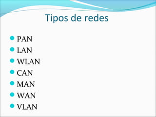 Tipos de redes
PAN
LAN
WLAN
CAN
MAN
WAN
VLAN

 
