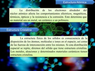 Capítulo I
La distribución de los electrones alrededor del
núcleo atómico afecta los comportamientos eléctricos, magnéticos,
térmicos, ópticos y la resistencia a la corrosión. Esto determina que
un material sea un metal, un cerámico o un polímero.
Estructura Atómica
Estructura Cristalina
La estructura física de los sólidos es consecuencia de la
disposición de los átomos, moléculas e iones en el espacio, así como
de las fuerzas de interconexión entre los mismos. Si esta distribución
espacial se repite, diremos del sólido que tiene estructura cristalina.
Los metales, aleaciones y determinados materiales cerámicos tienen
estructura cristalina.
 