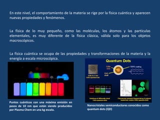 En este nivel, el comportamiento de la materia se rige por la física cuántica y aparecen
nuevas propiedades y fenómenos.
La física de lo muy pequeño, como las moléculas, los átomos y las partículas
elementales, es muy diferente de la física clásica, válida solo para los objetos
macroscópicos.
La física cuántica se ocupa de las propiedades y transformaciones de la materia y la
energía a escala microscópica.
Puntos cuánticos con una máxima emisión en
pasos de 10 nm que están siendo producidos
por Plasma Chem en una kg escala.
Nanocristales semiconductores conocidos como
quantum dots (QD)
 