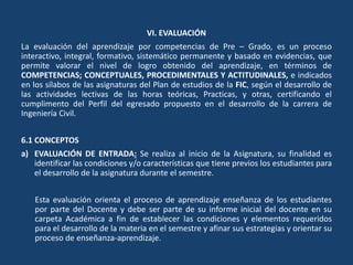 VI. EVALUACIÓN
La evaluación del aprendizaje por competencias de Pre – Grado, es un proceso
interactivo, integral, formativo, sistemático permanente y basado en evidencias, que
permite valorar el nivel de logro obtenido del aprendizaje, en términos de
COMPETENCIAS; CONCEPTUALES, PROCEDIMENTALES Y ACTITUDINALES, e indicados
en los sílabos de las asignaturas del Plan de estudios de la FIC, según el desarrollo de
las actividades lectivas de las horas teóricas, Practicas, y otras, certificando el
cumplimento del Perfil del egresado propuesto en el desarrollo de la carrera de
Ingeniería Civil.
6.1 CONCEPTOS
a) EVALUACIÓN DE ENTRADA: Se realiza al inicio de la Asignatura, su finalidad es
identificar las condiciones y/o características que tiene previos los estudiantes para
el desarrollo de la asignatura durante el semestre.
Esta evaluación orienta el proceso de aprendizaje enseñanza de los estudiantes
por parte del Docente y debe ser parte de su informe inicial del docente en su
carpeta Académica a fin de establecer las condiciones y elementos requeridos
para el desarrollo de la materia en el semestre y afinar sus estrategias y orientar su
proceso de enseñanza-aprendizaje.
 
