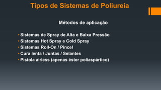 Tipos de Sistemas de Poliureia
Métodos de aplicação
• Sistemas de Spray de Alta e Baixa Pressão
• Sistemas Hot Spray e Cold Spray
• Sistemas Roll-On / Pincel
• Cura lenta / Juntas / Selantes
• Pistola airless (apenas éster poliaspártico)
 