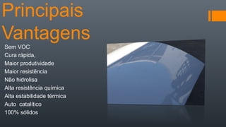 Principais
Vantagens
Sem VOC
Cura rápida,
Maior produtividade
Maior resistência
Não hidrolisa
Alta resistência química
Alta estabilidade térmica
Auto catalítico
100% sólidos
 
