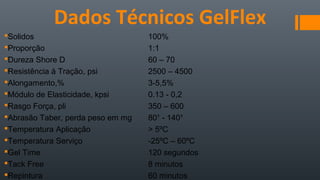 Dados Técnicos GelFlex
Solidos 100%
Proporção 1:1
Dureza Shore D 60 – 70
Resistência à Tração, psi 2500 – 4500
Alongamento,% 3-5,5%
Módulo de Elasticidade, kpsi 0.13 - 0,2
Rasgo Força, pli 350 – 600
Abrasão Taber, perda peso em mg 80¹ - 140¹
Temperatura Aplicação > 5ºC
Temperatura Serviço -25ºC – 60ºC
Gel Time 120 segundos
Tack Free 8 minutos
Repintura 60 minutos
 