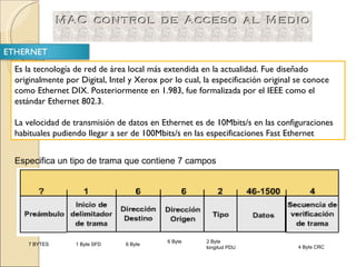 Es la tecnología de red de área local más extendida en la actualidad. Fue diseñado originalmente por Digital, Intel y Xerox por lo cual, la especificación original se conoce como Ethernet DIX. Posteriormente en 1.983, fue formalizada por el IEEE como el estándar Ethernet 802.3.  La velocidad de transmisión de datos en Ethernet es de 10Mbits/s en las configuraciones habituales pudiendo llegar a ser de 100Mbits/s en las especificaciones Fast Ethernet Especifica un tipo de trama que contiene 7 campos  7 BYTES 1 Byte SFD 6 Byte  6 Byte  2 Byte longitud PDU  4 Byte CRC 