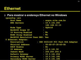 19
Ethernet
D Para mostrar o endereço Ethernet no Windows
ipconfig -all
Host Name
DNS Servers
Node Type
NetBIOS Scope IP
IP Routing Enabled
WINS Proxy Enabled
: angra.site.com.br
: 10.0.161.200
192.168.10.13
: Hybrid
:
: No
: No
NetBIOS Resolution Uses DNS: Yes
0 Ethernet Adapter:
Description : DEC DC21140 PCI Fast Eth Adapter
Phisical Address : 00-60-67-30-D3-0D
DHCP Enable : No
IP Address : 10.0.161.50
Subnet Mask : 255.255.254.0
Default Gateway : 10.0.161.254
Primary WINS Server : 10.0.161.185
Secondary WINS Server : 10.0.161.186
 