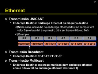 24
Ethernet
D Transmissão UNICAST
* Endereço Destino: Endereço Ethernet da máquina destino
<¢Neste caso, oitavo bit do endereço ethernet destino sempre terá
valor 0 (o oitavo bit é o primeiro bit a ser transmitido no fio!).
<¢Exemplo:
D Trasmissão Broadcast
* Endereço Destino: FF-FF-FF-FF-FF-FF
D Transmissão Multicast
* Endereço Destino: endereço multicast (um endereço ethernet
com o oitavo bit do endereço ethernet destino = 1)
0 0
0 0 C 0
C 0 D 2
D 2 A 1
A 1 B 8
B 8 3 2
3 2
0000 0000 1100 0000 1101 0010 1010 0001 1011 1000 0011 0010
0000 0000 1100 0000 1101 0010 1010 0001 1011 1000 0011 0010
 
