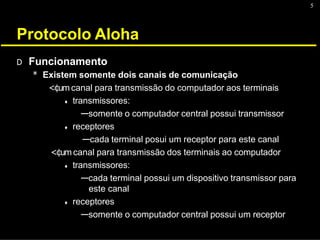 5
Protocolo Aloha
D Funcionamento
* Existem somente dois canais de comunicação
<¢umcanal para transmissão do computador aos terminais
♦ transmissores:
---somente o computador central possui transmissor
♦ receptores
---cada terminal posui um receptor para este canal
<¢umcanal para transmissão dos terminais ao computador
♦ transmissores:
---cada terminal possui um dispositivo transmissor para
este canal
♦ receptores
---somente o computador central possui um receptor
 