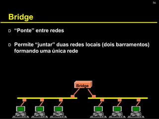 56
Bridge
D “Ponte” entre redes
D Permite “juntar” duas redes locais (dois barramentos)
formando uma única rede
Bridge
 