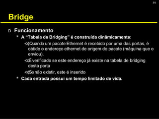 59
Bridge
D Funcionamento
* A “Tabela de Bridging” é construída dinâmicamente:
<¢Quando um pacote Ethernet é recebido por uma das portas, é
obtido o endereço ethernet de origem do pacote (máquina que o
enviou).
<¢Éverificado se este endereço já existe na tabela de bridging
desta porta
<¢Se não existir, este é inserido
* Cada entrada possui um tempo limitado de vida.
 
