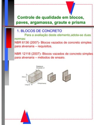 Controle de qualidade em blocos,
paves, argamassa, graute e prisma
1. BLOCOS DE CONCRETO
Para a avaliação deste elemento,adota-se duas
normas:
NBR 6136 (2007)- Blocos vazados de concreto simples
para alvenaria – requisitos.
NBR 12118 (2007)- Blocos vazados de concreto simples
para alvenaria – métodos de ensaio.
 