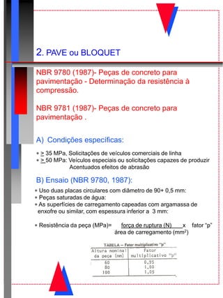 2. PAVE ou BLOQUET
NBR 9780 (1987)- Peças de concreto para
pavimentação - Determinação da resistência à
compressão.
NBR 9781 (1987)- Peças de concreto para
pavimentação .
A) Condições específicas:
 > 35 MPa, Solicitações de veículos comerciais de linha
 > 50 MPa: Veículos especiais ou solicitações capazes de produzir
Acentuados efeitos de abrasão
B) Ensaio (NBR 9780, 1987):
 Uso duas placas circulares com diâmetro de 90+ 0,5 mm:
 Peças saturadas de água:
 As superfícies de carregamento capeadas com argamassa de
enxofre ou similar, com espessura inferior a 3 mm:
 Resistência da peça (MPa)= força de ruptura (N) x fator “p”
área de carregamento (mm2)
 
