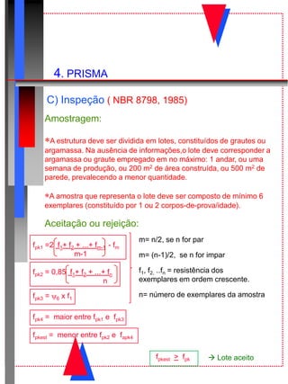 4. PRISMA
C) Inspeção ( NBR 8798, 1985)
Amostragem:
A estrutura deve ser dividida em lotes, constituídos de grautes ou
argamassa. Na ausência de informações,o lote deve corresponder a
argamassa ou graute empregado em no máximo: 1 andar, ou uma
semana de produção, ou 200 m2 de área construída, ou 500 m2 de
parede, prevalecendo a menor quantidade.
A amostra que representa o lote deve ser composto de mínimo 6
exemplares (constituído por 1 ou 2 corpos-de-prova/idade).
Aceitação ou rejeição:
fpk1 =2 f1+ f2 + ...+ fm-1 - fm
m-1
fpk2 = 0,85 f1+ f2 + ...+ fn
n
fpk3 = 6 x f1
fpk4 = maior entre fpk1 e fpk3
fpkest = menor entre fpk2 e fapk4
m= n/2, se n for par
m= (n-1)/2, se n for impar
f1, f2, ..fn = resistência dos
exemplares em ordem crescente.
n= número de exemplares da amostra
fpkest > fpk  Lote aceito
 