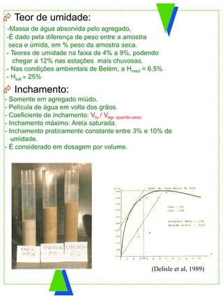  Teor de umidade:
-Massa de água absorvida pelo agregado.
-É dado pela diferença de peso entre a amostra
seca e úmida, em % peso da amostra seca.
- Teores de umidade na faixa de 4% a 9%, podendo
chegar a 12% nas estações mais chuvosas.
- Nas condições ambientais de Belém, a Hmed = 6,5%
- Hsat  25%
 Inchamento:
- Somente em agregado miúdo.
- Película de água em volta dos grãos.
- Coeficiente de inchamento: Vtu / Vagr. quando seco
- Inchamento máximo: Areia saturada.
- Inchamento praticamente constante entre 3% e 10% de
umidade.
- É considerado em dosagem por volume.
(Delisle et al, 1989)
 