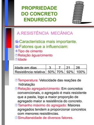 PROPRIEDADE
DO CONCRETO
ENDURECIDO
A.RESISTÊNCIA MECÂNICA
Característica mais importante.
Fatores que a influenciam:
Tipo de cimento
Relação água/cimento
Idade
Idade em dias 3 7 21 28
Resistência relativa 50% 70% 92% 100%
Temperatura: Velocidade das reações de
hidratação
Relação agregado/cimento: Em concretos
convencionais, o agregado é mais resistente
que a pasta, logo a maior proporção de
agregado maior a resistência do concreto.
Tamanho máximo do agregado: Maiores
agregados tendem a proporcionar concretos
com menores resistências.
Simultaneidade de diversos fatores.
 