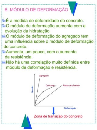 B. MÓDULO DE DEFORMAÇÃO
É a medida de deformidade do concreto.
O módulo de deformação aumenta com a
evolução da hidratação.
O módulo de deformação do agregado tem
uma influência sobre o módulo de deformação
do concreto.
Aumenta, um pouco, com o aumento
da resistência.
Não há uma correlação muito definida entre
módulo de deformação e resistência.
Agregado
Pasta de cimentoConcreto
Deformação
Tensão
Zona de transição do concreto
 