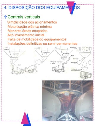 4. DISPOSIÇÃO DOS EQUIPAMENTOS
Centrais verticais
Simplicidade dos acionamentos
Motorização elétrica mínima
Menores áreas ocupadas
Alto investimento inicial
Falta de mobilidade do equipamentos
Instalações definitivas ou semi-permanentes
 
