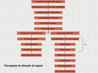 Fluxograma de obtenção de iogurte
Armazenamento
Resfriamento
Incubação
Embalagem
Iogurte tradicional
Armazenamento
Embalagem
Adições
Resfriamento
Filtração
Agitação
Incubação em tanques
Iogurte batido
Inoculação
Resfriamento
Homogeneização
Tratamento térmico
Aumento do teor de sólidos
Padronização do leite
 