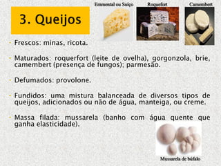  Frescos: minas, ricota.
 Maturados: roquerfort (leite de ovelha), gorgonzola, brie,
camembert (presença de fungos); parmesão.
 Defumados: provolone.
 Fundidos: uma mistura balanceada de diversos tipos de
queijos, adicionados ou não de água, manteiga, ou creme.
 Massa filada: mussarela (banho com água quente que
ganha elasticidade).
CamembertRoquefortEmmental ou Suíço
Mussarela de búfalo
 