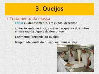  Tratamento da massa
 cortar cuidadosamente, em cubos, descanso.
 agitação lenta no início para evitar quebra dos cubos
e mais rápida depois da dessoragem.
 cozimento (depende do queijo)
 filagem (depende do queijo, ex.: mussarela)
 