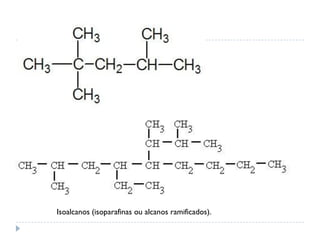 Isoalcanos (isoparafinas ou alcanos ramificados).
 